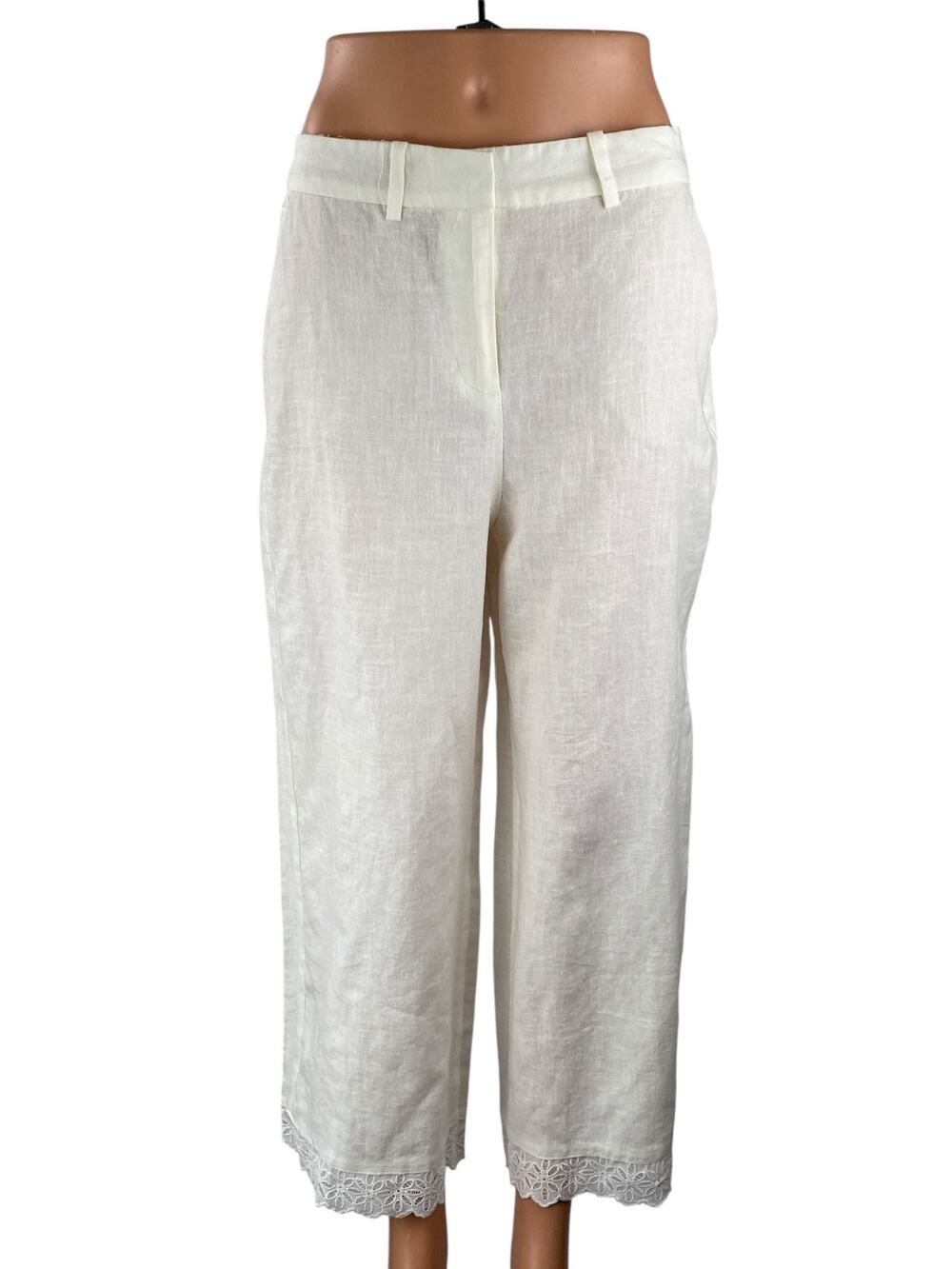 NEW Zara Women's White Floral Embroidered Lace Hem Wide Leg Trousers Pants Sz M